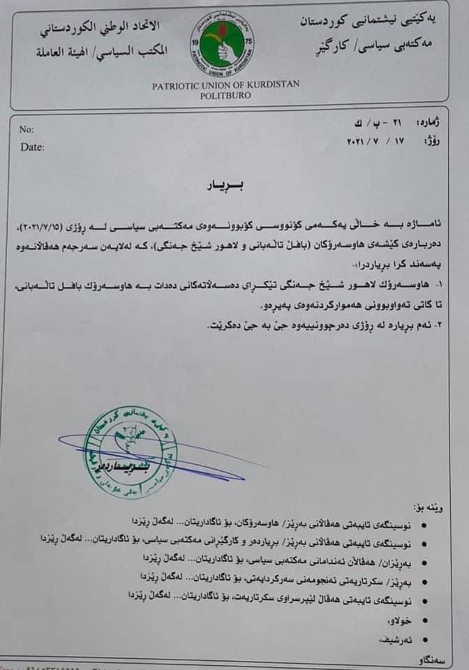 دفتر سیاسی اتحادیە میهنی اختیارات لاهور را بە بافل طالبانی واگذار کرد